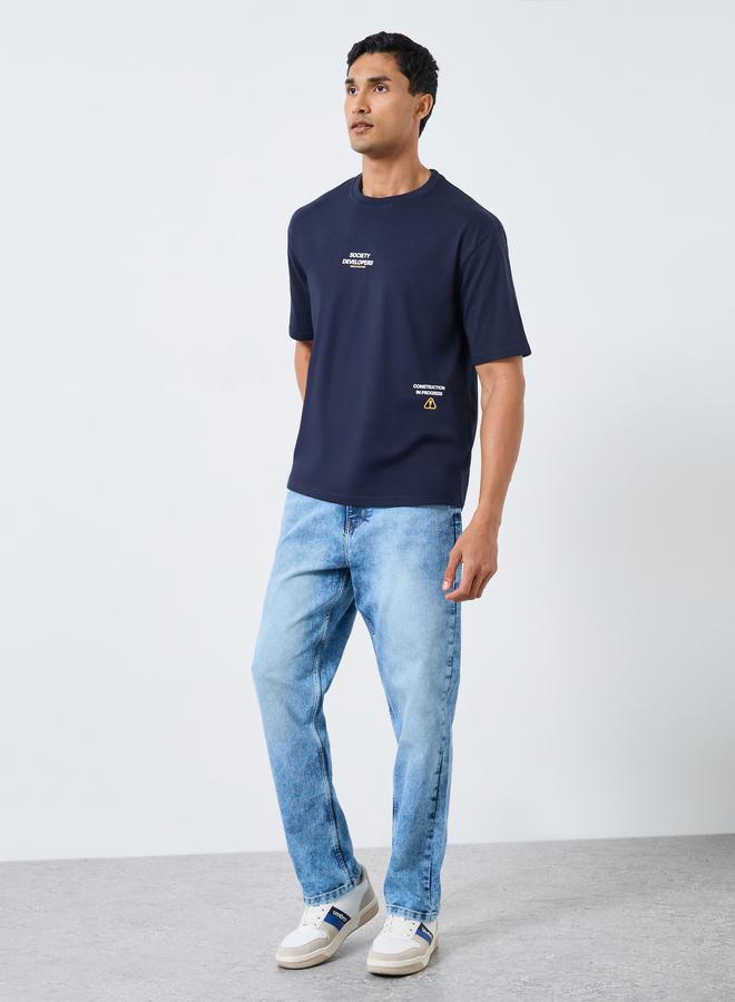 Styli Men Navy Blue Graphic Print Oversized T-Shirt - Image 1